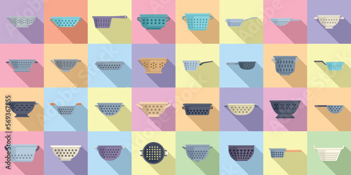 Colander icons set flat vector. Cook strainer. Food cooking