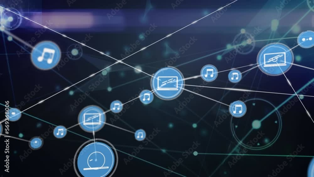 Animation of network of connections and digital icons over light trails against blue background Animation of network of connections and digital icons over light trails against blue background