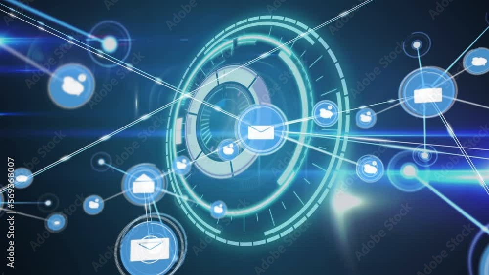 Animation of network of digital icons over round scanner and light trails against blue background Animation of network of digital icons over round scanner and light trails against blue background