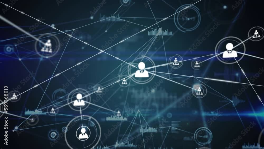Animation of network of profile icons and data processing against light trails on blue background Animation of network of profile icons and data processing against light trails on blue background