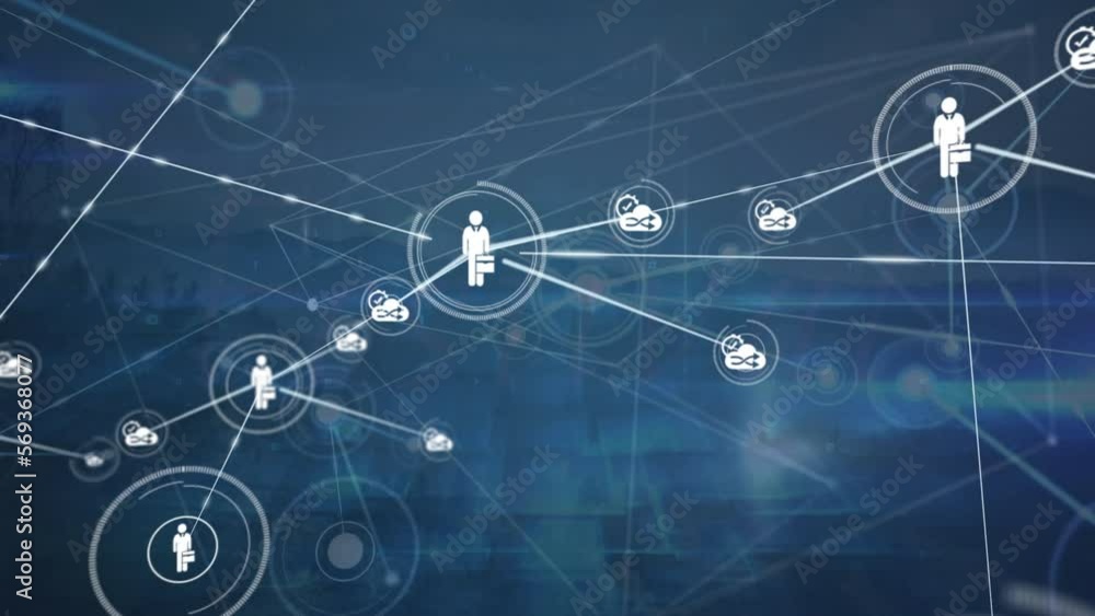 Animation of network of digital icons over glowing square shapes against blue background Animation of network of digital icons over glowing square shapes against blue background