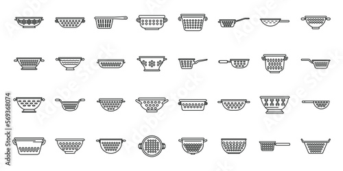 Colander icons set outline vector. Cook strainer. Food cooking