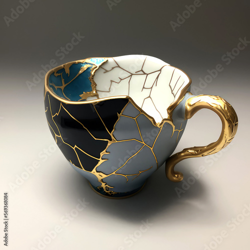  kintsugi tee cup, cloisonnism,  AI photo