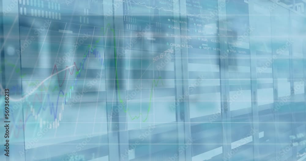 Animation of financial and stock market data processing against tall building Animation of financial and stock market data processing against tall building
