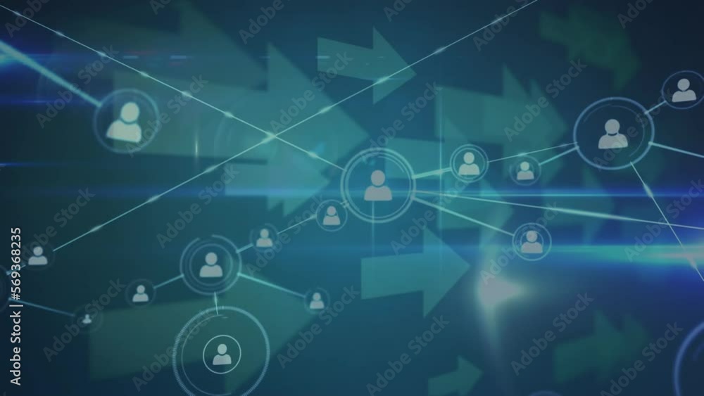 Animation of network of profile icons and arrow icons against light trails on blue background Animation of network of profile icons and arrow icons against light trails on blue background