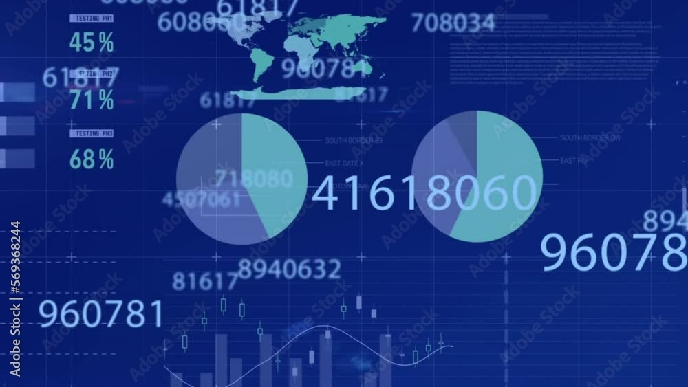 Animation of multiple changing numbers over statistical data processing against blue background Animation of multiple changing numbers over statistical data processing against blue background