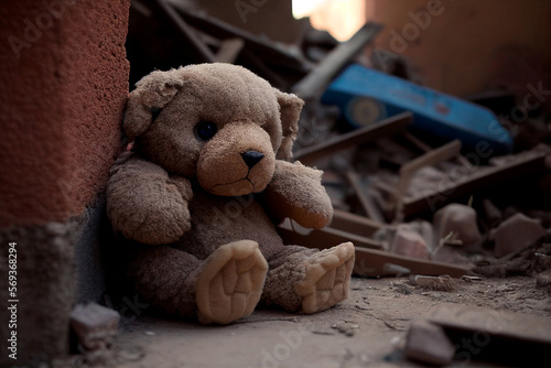 Teddy bear on the ruins of the house after the earthquake, Generative AI