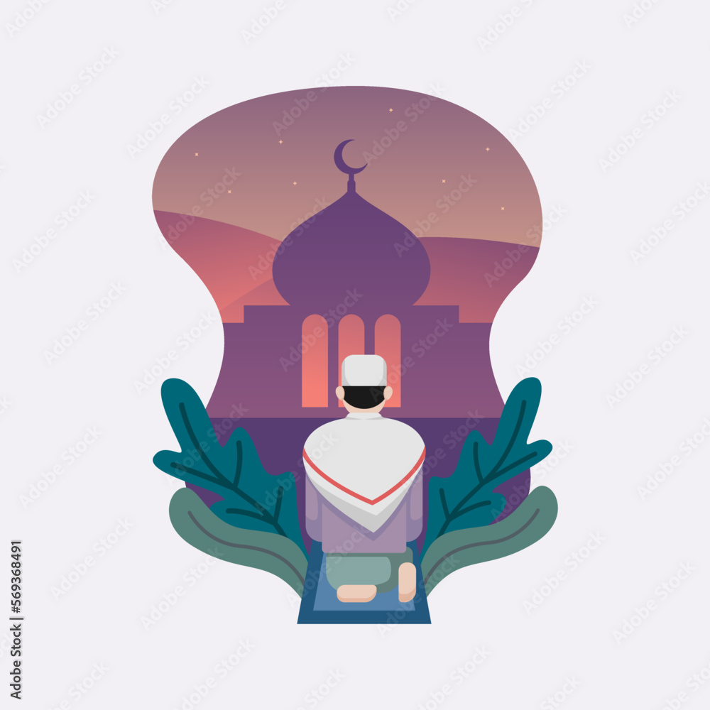 Illustration of Man Sholat Sit on a carpet - Flat Design Isolated with Mosque Background - Ramadan Kareem Vector Illustration Design. Illustration of Man Sholat Sit on a carpet - Flat Design Isolated with Mosque Background - Ramadan Kareem Vector Illustration Design.