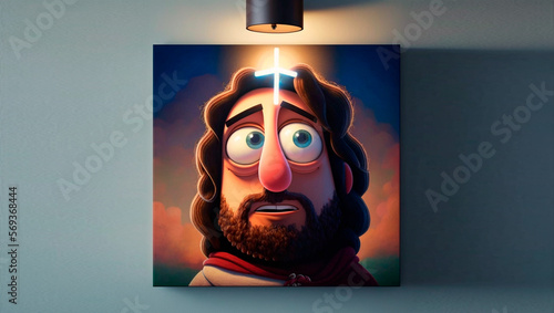 Jesus, picture on the wall with light on top, cute, big white eyes cute and elegant, 3D illustration, animation