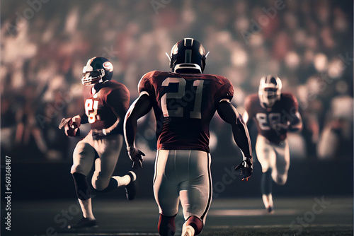 American football player running fast towards goal line. Sportsman in action. Sports emotions. american football game with out of focus players in the background. High quality Ai generated © Imaginarium_photos