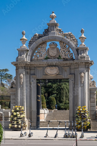 Madrid  Spain. April 6  2022  Ll retiro park with blue sky and sculptures.