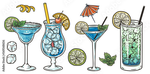 Cocktail set of blue lagoon with lime and ice for vector design of bar menu. Blue alcochol cocktails with vodka and likier for drink party