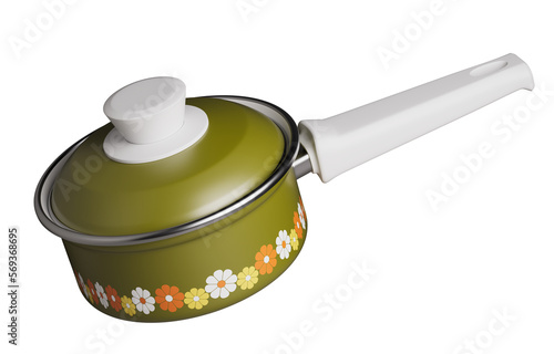 Vintage Cooking Pot, 70's Olive Green Floral Flower Stovetop Cookware - Norwegian Dansk Danish Modern Scandinavian Style. 3D Rendering