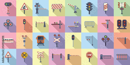 Railway crossing icons set flat vector. Signal alert. Gate rail