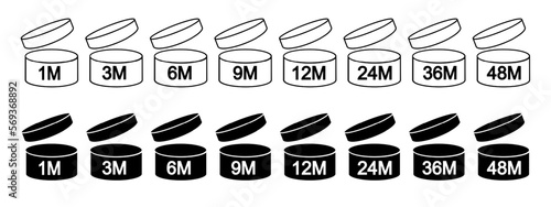 PAO icons pack. Period after opening signs. Jars with open lids and months numbers. Product freshness time. Cosmetic, shampoo, makeup validity labels