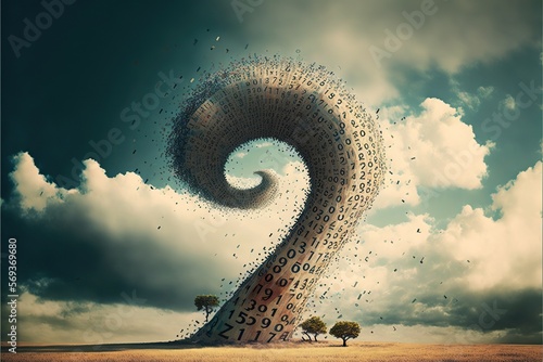 Tornado question mark made of numbers as an idea for scientific computing, weather forecasting and education created with Generative AI technology