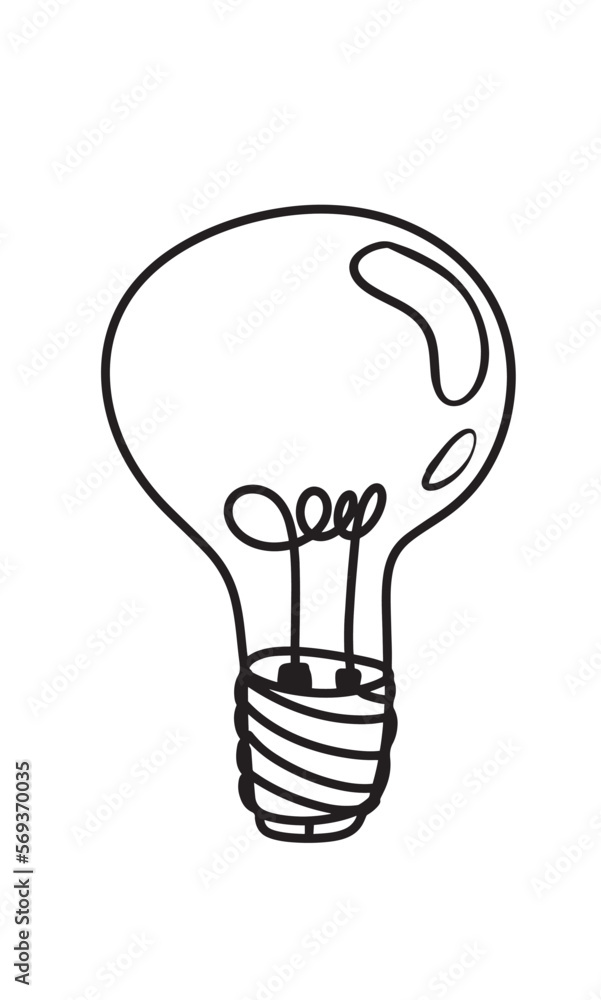 Vector drawing of a contour, silhouette of a light bulb. On a white background, isolated.In cartoon style, doodle, flat. Symbolised thoughts, ideas, thinking, energy, light.For business, presentation Vector drawing of a contour, silhouette of a light bulb. On a white background, isolated.In cartoon style, doodle, flat. Symbolised thoughts, ideas, thinking, energy, light.For business, presentation