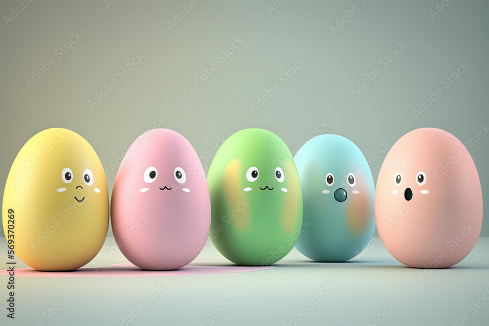 Easter eggs with funny faces on a green background, generative ai illustration with copy space, cartoon style Easter eggs with funny faces on a green background, generative ai illustration with copy space, cartoon style
