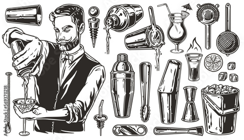 Bartending set with barmen, cocktail shaker, muddler and jigger for design of bar menu. Chromed metal cocktail bar tools for bartender or barkeepr.