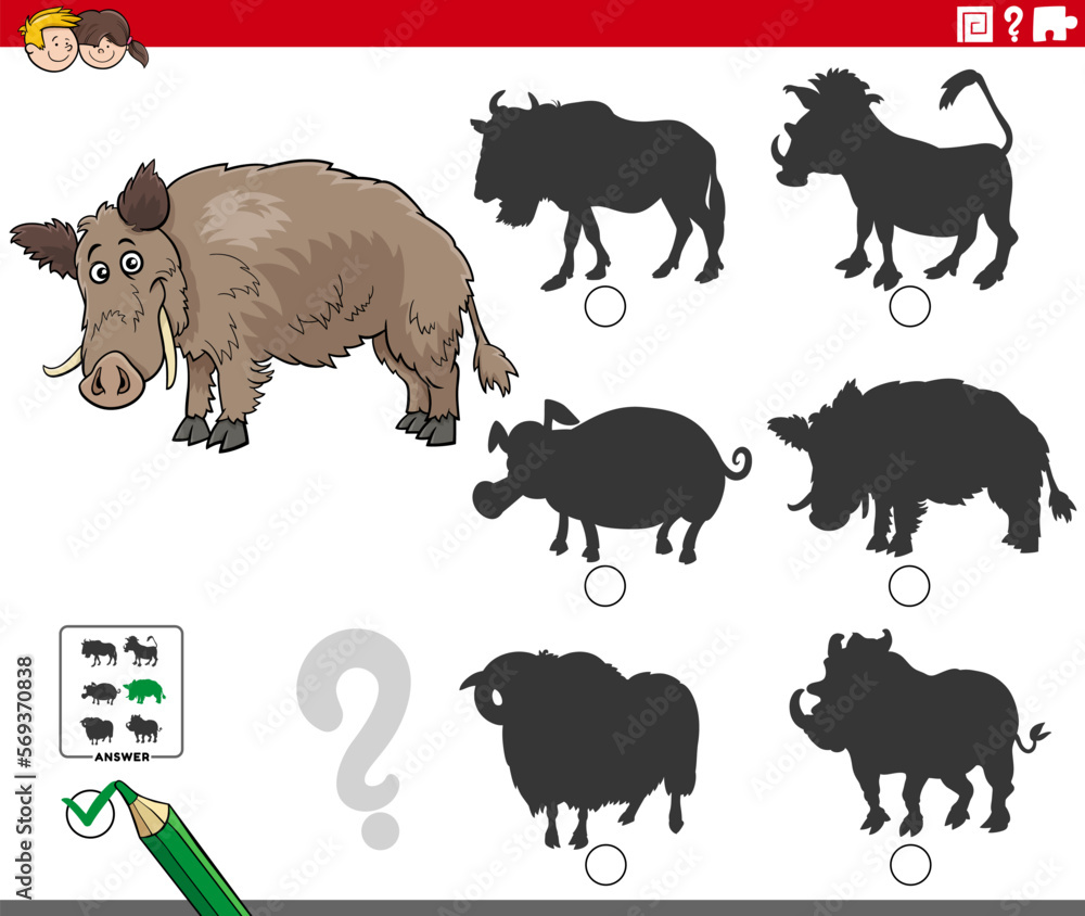 Fototapeta premium shadow game with cartoon wild boar animal character