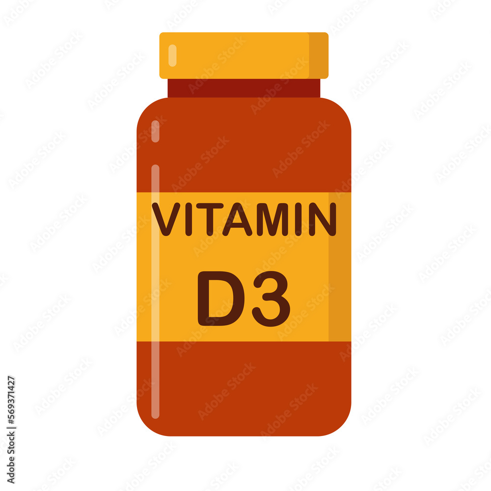 simple flat brown vitamin D3 drug bottle with yellow lable simple flat brown vitamin D3 drug bottle with yellow lable