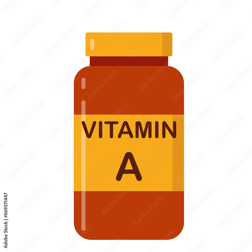 simple flat brown vitamin A drug bottle with yellow lable simple flat brown vitamin A drug bottle with yellow lable
