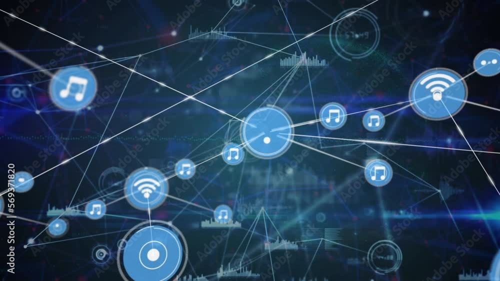 Animation of network of digital icons and data processing against blue background Animation of network of digital icons and data processing against blue background