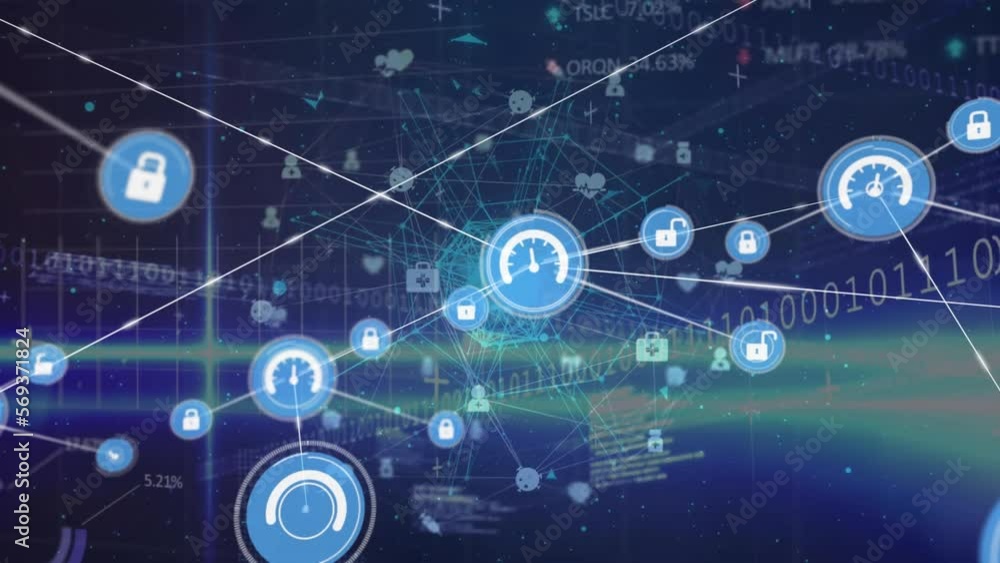 Animation of network of digital icons over spinning globe and data processing on blue background