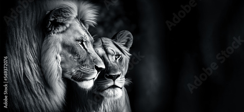 Majestic African lion couple loving pride. animal wildlife, copy space. digital ai art	