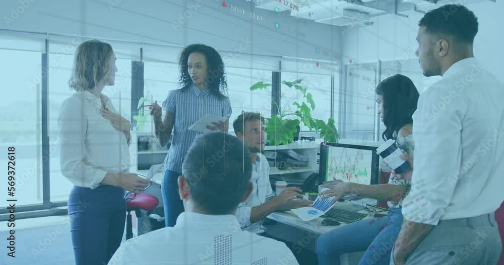 Animation of stock market data processing against team of diverse colleagues discussing at office Animation of stock market data processing against team of diverse colleagues discussing at office