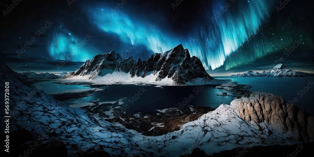 Naklejka premium Mountains with northern lights landscape