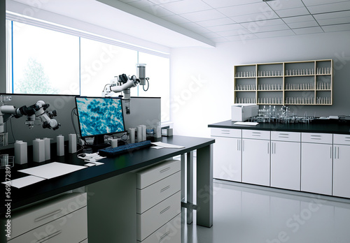 Scientific laboratory interior with digital microscope, microscopic image on microscope monitor, AI generative