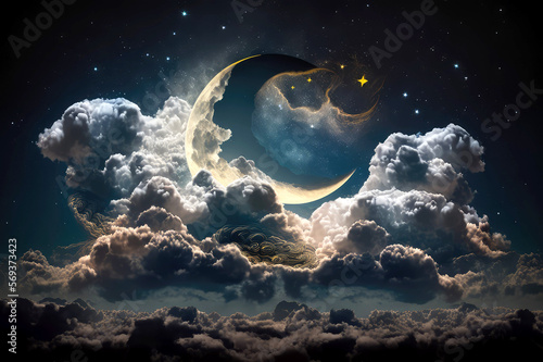 Romantic Moon In Starry Night Over Clouds, AI photo