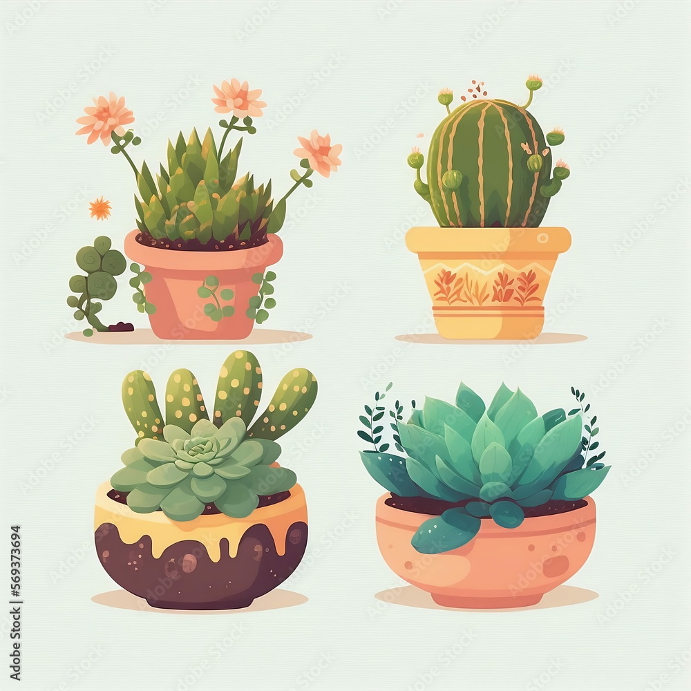 Succulents in pots, cactus in four types, colorfull positive illustration with light background
