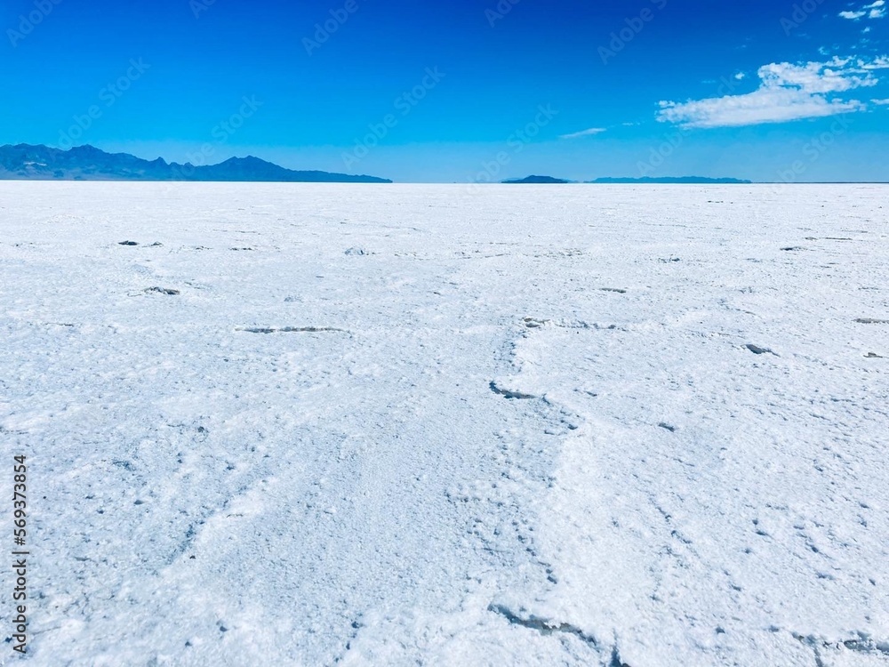 snow salt ice with blue sky utah bonneville flats landscape mountains