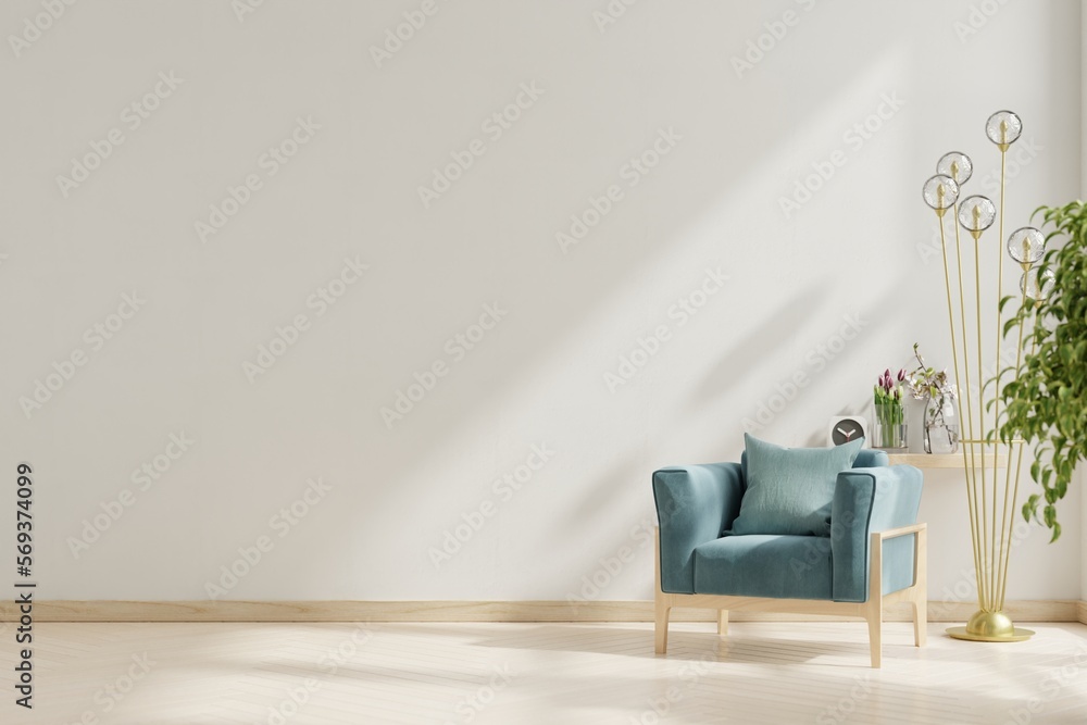Wall mock up in warm tones with blue armchair on white wall background. - obrazy, fototapety, plakaty 