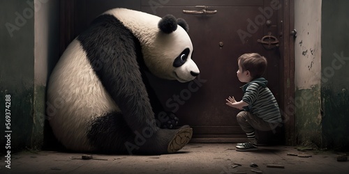 Panda as imaginary friend, concept of Fantasy Companionship and Anthropomorphism, created with Generative AI technology