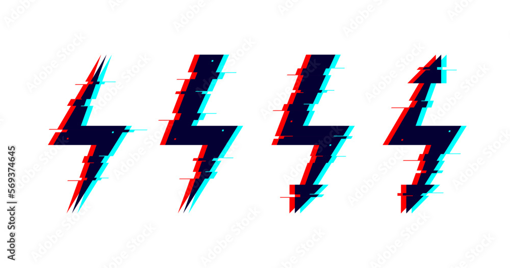 Glitch distorted lightnings set. Thunderbolts with TV or vhs noise. Futuristic destroyed flash design elements collection. Pixilated lightning strike signs. 