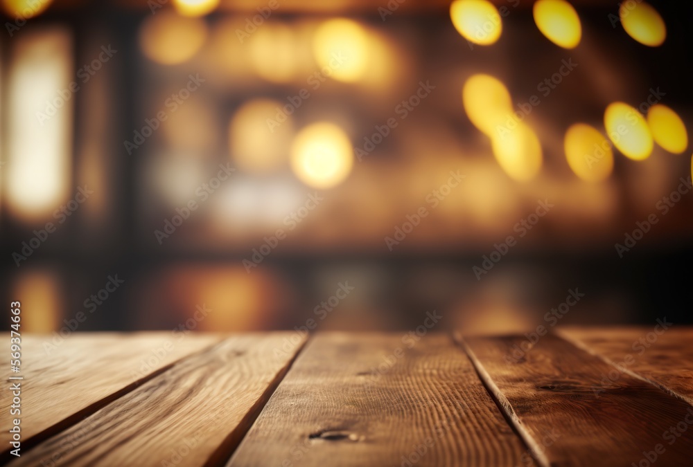 Mockup of the wooden table of a panorama banner for product presentation. Illuminated cafe, restaurant or bistro in blurred background. Template for products, prototypes and draft presentations.