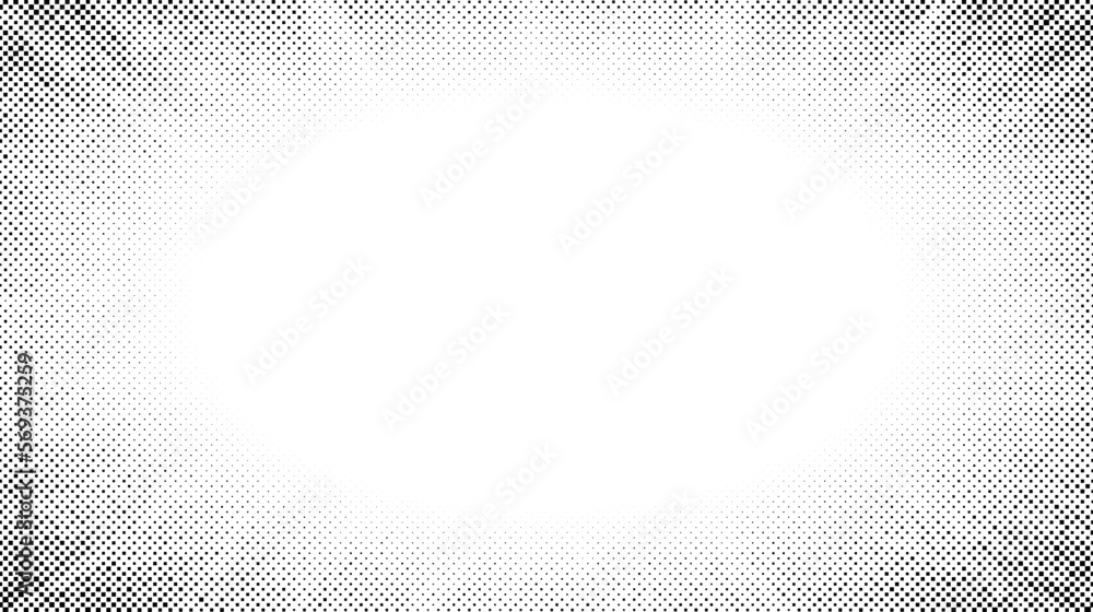 Naklejka premium Halftone radial texture. Comic style grain background. Pop art faded textured frame. Grunge speckle effect. Dotted particles print wallpaper. Pixelated gradient backdrop