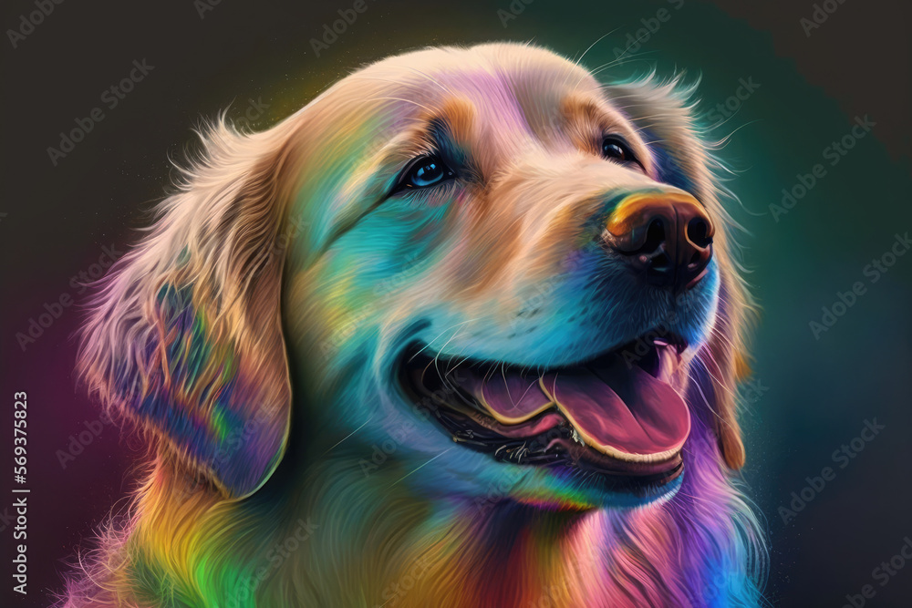 Colorful portrait of a happy Golden Retriever, generative ai