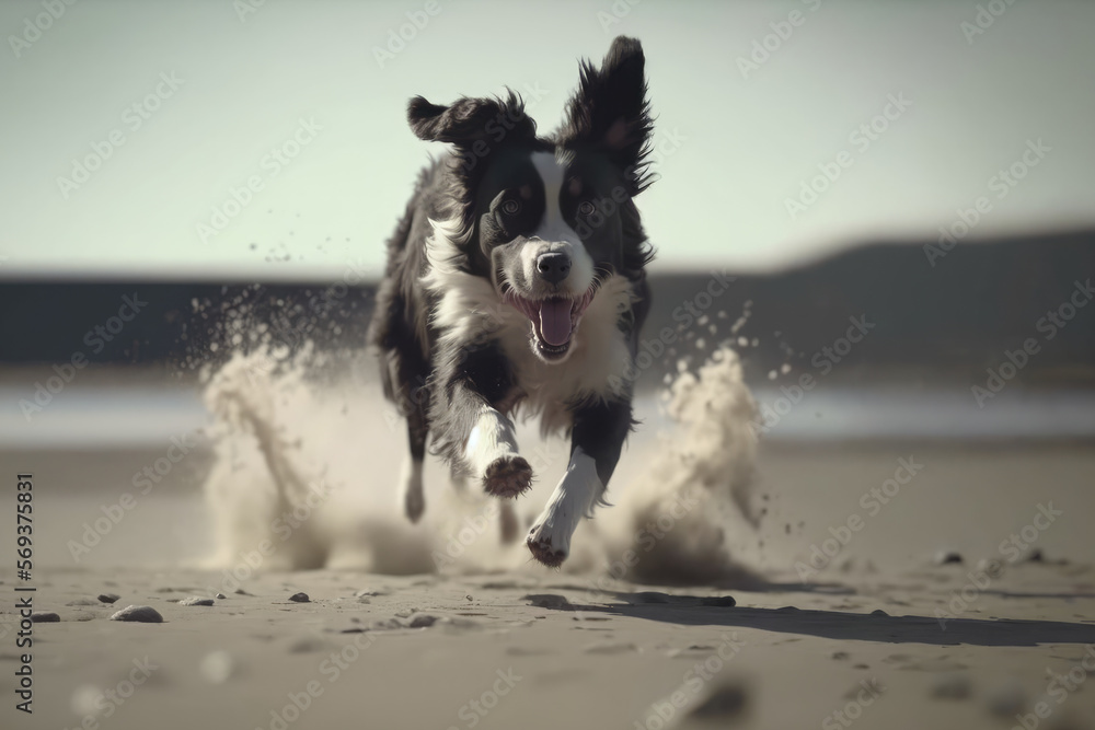 Cute dog running on a beach in slow motion, generative ai Cute dog running on a beach in slow motion, generative ai