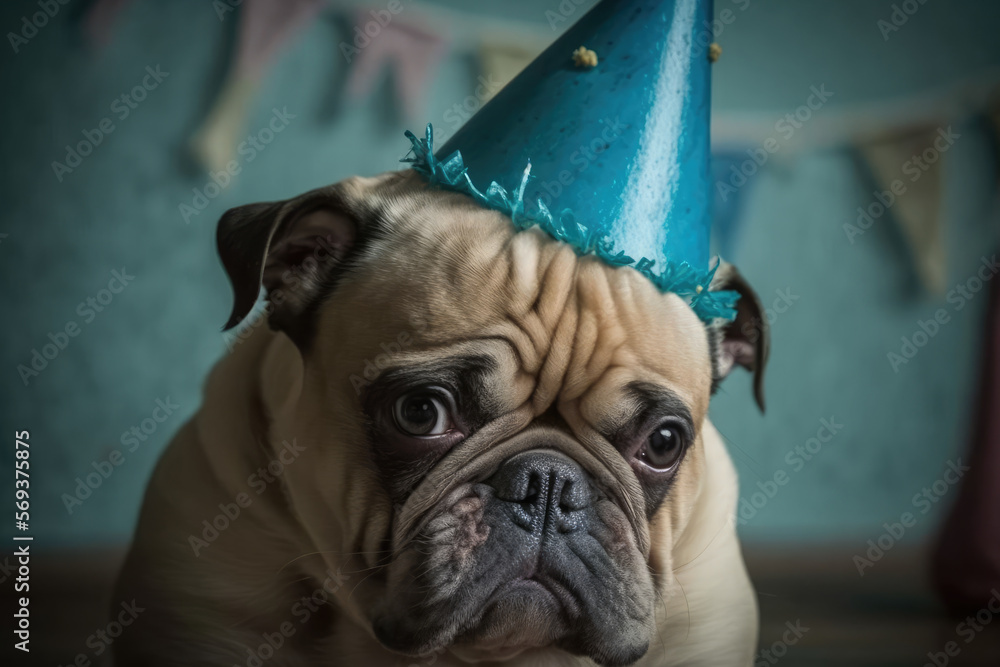 Depressed pup wearing birthday hat, generative ai