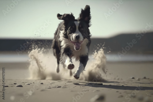 Cute dog running on a beach in slow motion, generative ai