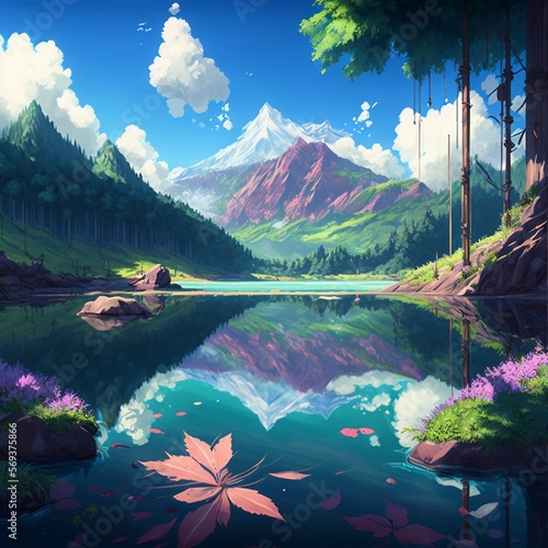 The Beauty of Nature: An Anime Inspired Landscape of Majestic Mountains and Glistening Waters Generative AI