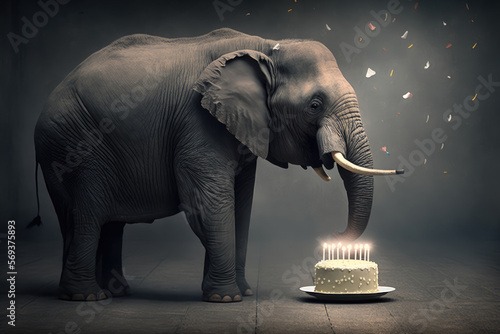Elephant blowing out candles on its birthday cake, generative ai photo