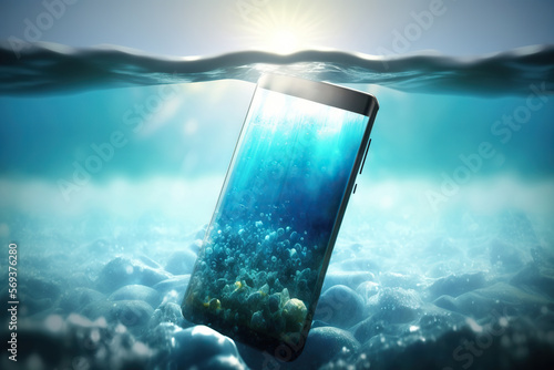 Cell phone under crystal-clear sea water in the sun. Mysterious undersea world. Perfect for advertising campaigns, social media posts and digital content. Based on Generative AI
