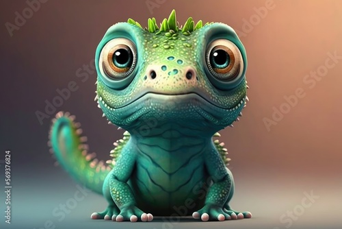 3D Cute smile little iguana kawaii character. Realistic iguana with big eyes. Generative AI