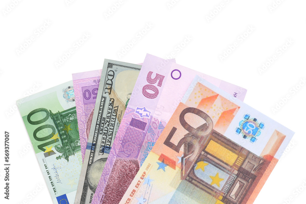 Currency exchange. Euro, hryvnia and dollar banknotes on white background Currency exchange. Euro, hryvnia and dollar banknotes on white background