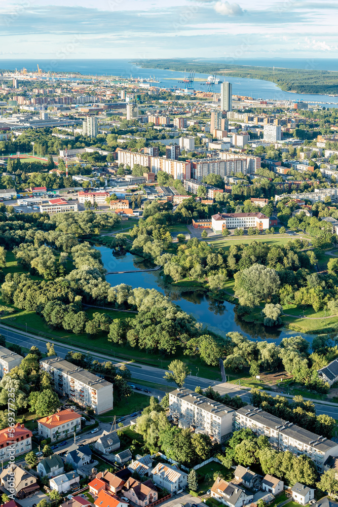 Beautiful city Klaipeda, view from above by hot air balloon. Vertical photo
